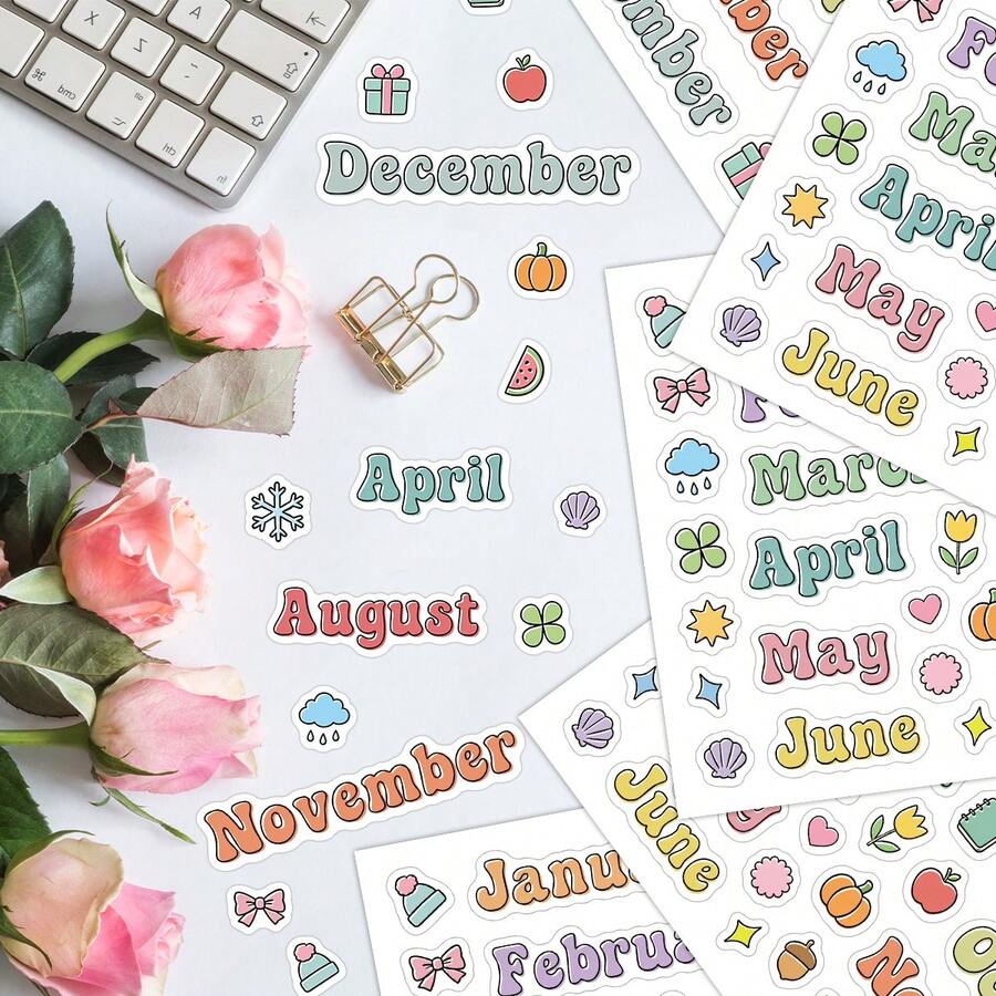 5 Sheets Monthly Planner Stickers, Calendar Month Labels, Colorful January To December Month Stickers, Creative Journaling Month Labels, Suitable For Planners, Calendars, Scrapbooks And Journals - D - View 1