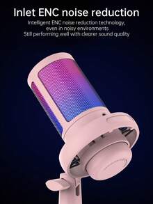 1個 USB 插頭 RGB 電競電容式麥克風，即插即用電腦麥克風，具備降噪、觸控靜音、回聲音量控制、旋轉增益旋鈕，適用於直播、Podcast、影片錄製、遊戲語音 - 粉色 - 查看 5