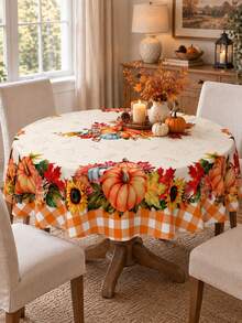 1pc Fall Pumpkin Sunflower Tablecloth, Polyester Rectangular Table Cover With Orange Gingham, Maple Leaf And Floral Border Print, Autumn Decor, Fall Home Decor, Interior Decor, Thanksgiving, Autumn Party, Interior Decoration, Kitchen Decor - Multicolor - View 8