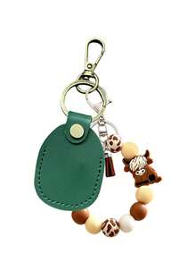 Cute Retro Style Highland Cattle Bead Bracelet PU Leather Keychain, Access Card Holder Tassel Decor Bag, Charm Car Key Ring Gift, Unisex, Daily Essential, Birthday, Ramadan, Christmas Gift - Multicolor - View 16