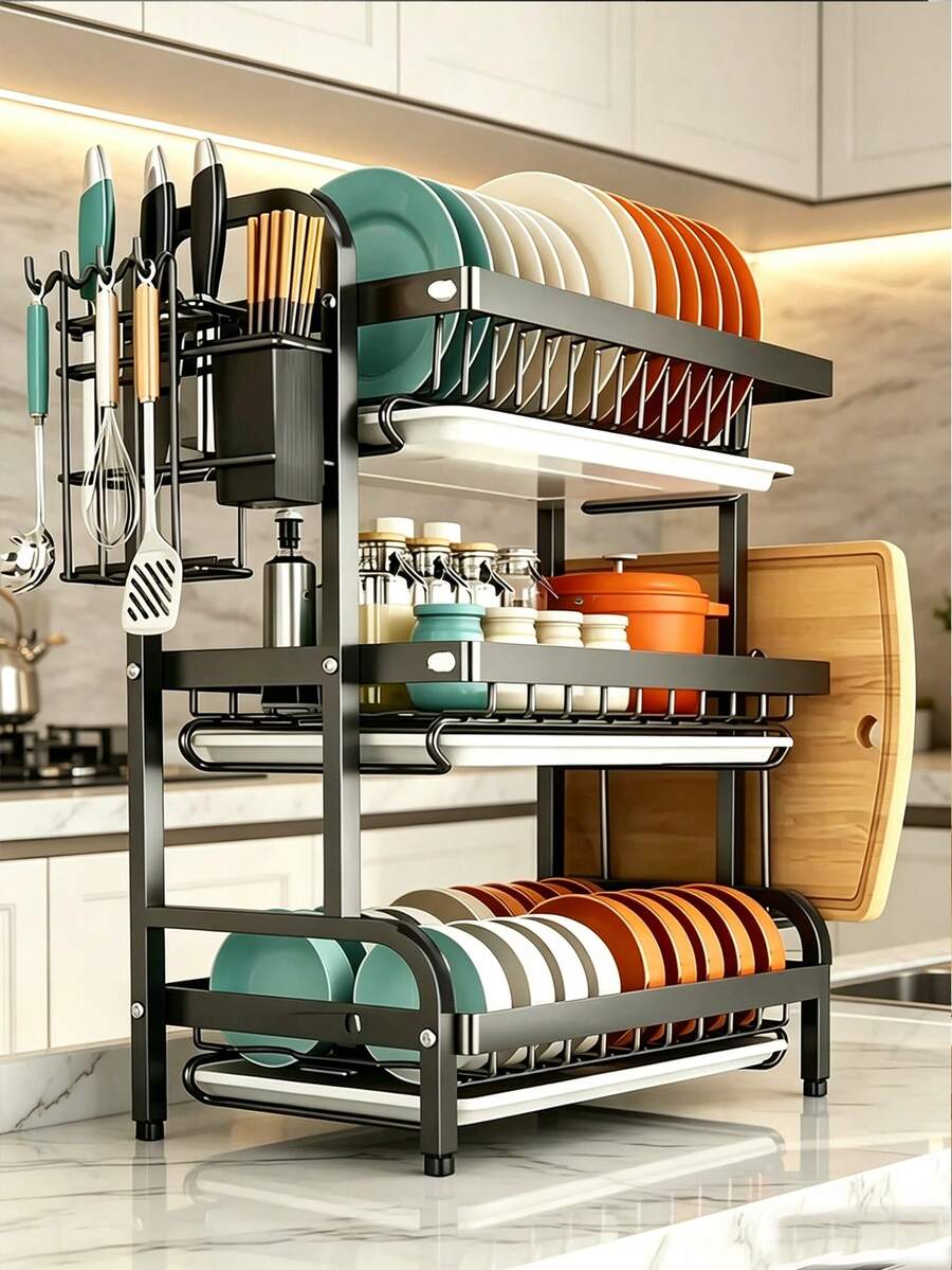 1pc Large 3-Tier Kitchen Storage Rack With Quick Drainage, Knife & Fork Holder, Cutting Board Rack, Multi-Functional Countertop Dish & Utensil Organizer, Can Hold Bowls & Plates, Kitchen Organizer Rack | Stylish Metal Rack | Durable Kitchen Supplies - Multicolor - View 1
