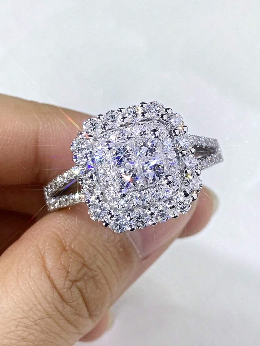1pc Elegant Luxury High-End Cubic Zirconia Ring, Niche Design, Versatile Minimalist Band, Suitable For Men And Women Daily Wear - Silver - View 1