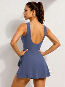 Athletic Casual Tennis Skort Dress Sleeveless Backless With Built-In Shorts - Navy Blue - View 5