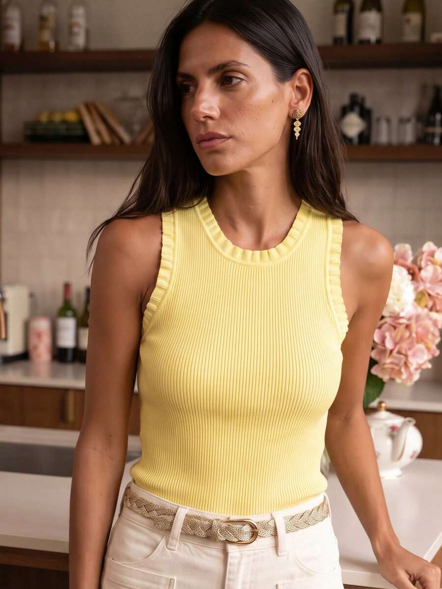 Women's Ruffle Trim Ribbed Knit Tank Top, Round Neck Sleeveless Slim Fit, Elegant Casual Y2K Street Style Summer Outerwear Top Yellow