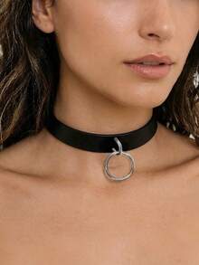 1pc Women's Black Silver Buckle Punk Round Choker Necklace, Suitable For Daily Wear - Black - View 3