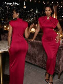 New Idea Women Fall Outfits High Neck Cap Sleeve Draped Ruched Maxi Dress Wedding Guest Evening Party Gown - Burgundy - View 5