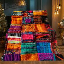 Bohemian Patchwork Printed Flannel Blanket, Soft Cozy Throw Blanket, Boho Autumn Home Decor - Multicolor - View 8