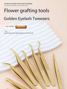 1pc Nagrakku Precision Fiber Pointed Tweezers, Gold Eyelash Extension Tweezers, Diamond Anti-Slip Textured Curved Tip Eyelash Tweezers, Stainless Steel Dolphin Shaped Eyelash Extension Makeup Tool - Gold - View 8