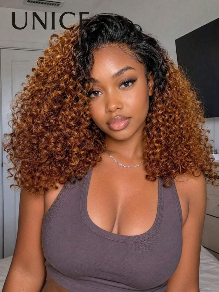 Black To Rich Copper Ombre Curly Half Wig Flip Over Glam-Ready Dark Roots Beginner-Friendly Daily Styling Flip Over Style Beginner-Friendly Glueless Drawstring Fit All Head Sizes 100% Human Hair Beginner Friendly Quick Wear Unice Wig