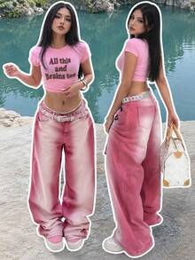 Celana Jeans Wanita Model Lurus Kasual Gaya Y2K dengan Detail Sobek, Gaya Liburan, Musim Gugur/Semi - Red Violet - View 1