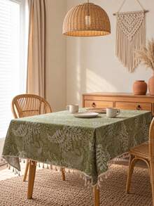 MeijiaMo 1pc Rectangular Tablecloth With Green Leaf Print, Bohemian Farmhouse Style Polyester Home Decor Dust-Proof Table Mat For Holiday Party, Dining Table, Kitchen, Restaurant, Cafe, Outdoor Gathering, All Seasons - Green - View 1