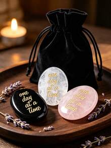 1/3 Pcs Engraved Natural Crystal Stone"One Day At A Time" With Velvet Pouch, Inspirational Pocket Gemstone, Gift & Decor Accessory - Multicolor - View 1
