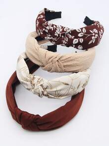 4pcs/Set Women's Solid Color Coffee Flower Fabric Wide Headband With Knot, Simple Washable Hair Accessory For Daily Wear - Multicolor - View 5