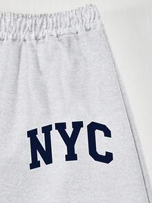 Girls NYC Letter Print Sweatshirt + Matching Wide Leg Sweatpants 2pcs Set, Heather Grey College Style Tween Girls Outfit - Light Grey - View 5