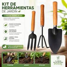 Kit de Herramientas de Jardín 3 Piezas, Pala, Horquilla y Rastrillo con Mango de Madera, Herramientas Metálicas para Plantar, Airear y Aflojar Tierra para Plantas y Huerto Doméstico - C - Ver 1