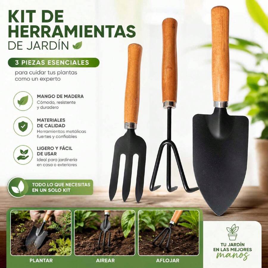 Kit de Herramientas de Jardín 3 Piezas, Pala, Horquilla y Rastrillo con Mango de Madera, Herramientas Metálicas para Plantar, Airear y Aflojar Tierra para Plantas y Huerto Doméstico - C - Ver 1
