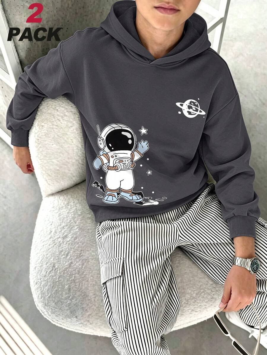 Cute Boys 2-Piece Sports Outfit, Astronaut Planet Star Print Hoodie And Striped Cargo Wide Leg Pants, Soft Children's Spring Autumn Winter Set - Dark Grey - View 1