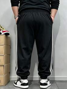 Men's Plus Size Casual Sports Long Pants, Extra Large Drawstring Waist, Side Stripes, Zipper Pockets, Black - Black - View 2