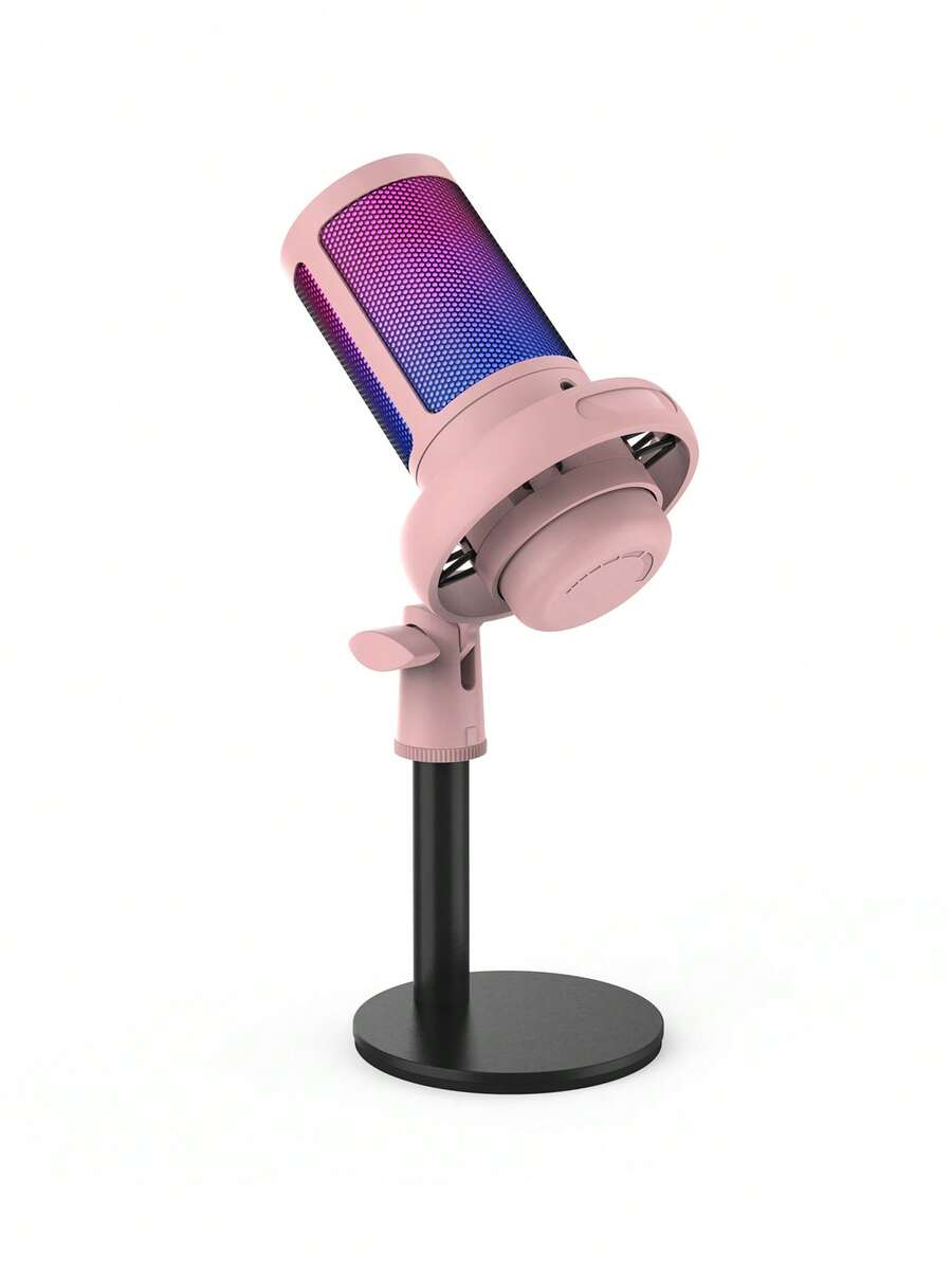 1個 USB 插頭 RGB 電競電容式麥克風，即插即用電腦麥克風，具備降噪、觸控靜音、回聲音量控制、旋轉增益旋鈕，適用於直播、Podcast、影片錄製、遊戲語音