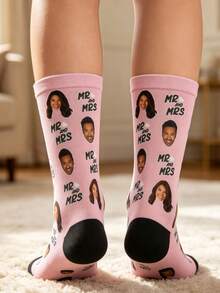 Custom Romantic Love Wedding Crew Socks, Heart Frame,Mr And Mrs,Couple Stick‑Figure Print Pink Mid‑Calf Socks,Gift Socks For Women - Pink - View 4