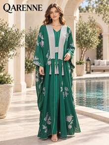 Silver Floral Embroidered 2‑Piece Kaftan Set, Batwing Sleeve Tassel DecorOpen Robe With Belt & Inner Dress,Loose Floor‑Length Formal Evening Maxi Gown - Green - View 4
