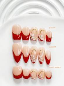 秋季 10 件組浪漫法式手工穿戴甲，Polygel 美甲套組，花卉紅色指甲油，優雅甜美風，附美甲工具，3 種尺寸可選，方型/短方型/杏仁形，適合派對、跳舞、日常配戴（手工細節可能有所不同） - 彩色 - 查看 1