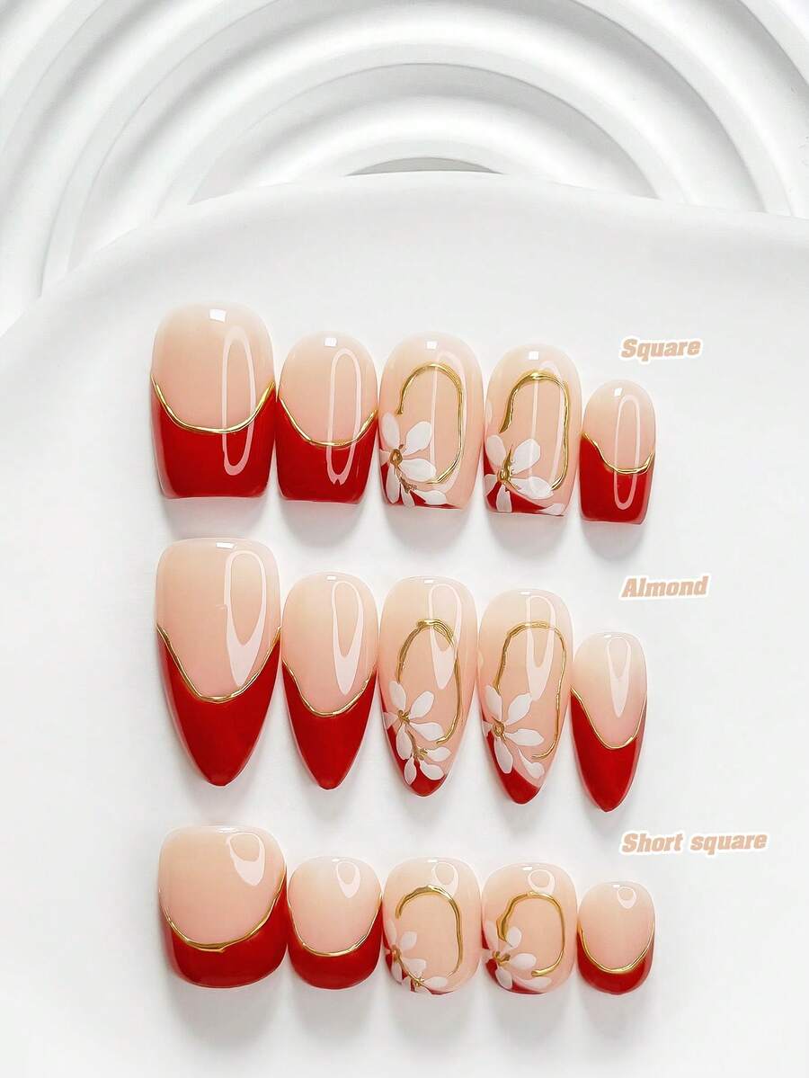 秋季 10 件組浪漫法式手工穿戴甲，Polygel 美甲套組，花卉紅色指甲油，優雅甜美風，附美甲工具，3 種尺寸可選，方型/短方型/杏仁形，適合派對、跳舞、日常配戴（手工細節可能有所不同） - 彩色 - 查看 1