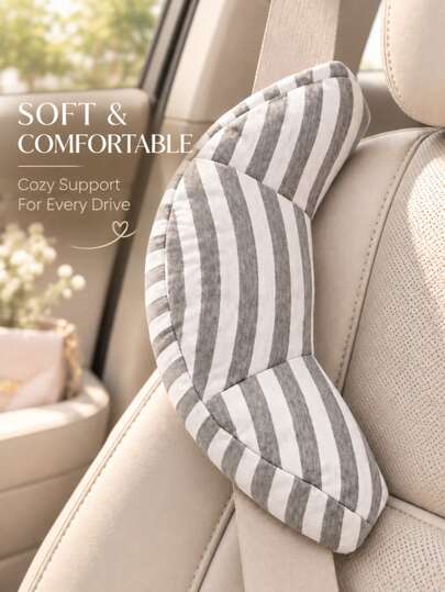 1Pc Soft Gray Stripe Car Seat Belt Shoulder Pad, Plush Comfortable Seat Belt Cushion Cover, Cute Feminine Car Interior Accessory For Women, Cozy Driving Support Pillow For Commute & Road Trips