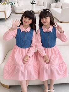 Vihyde Tween Girls Back‑To‑School 2‑Piece Outfit, Striped Long‑Sleeve Shirt Dress & Denim Vest Fall Winter Set - Pink - View 2