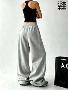 mulinsen Women's Heather Gray Curved Seam Loose Fit Sweatpants, Elastic Drawstring Waist, Casual Athletic Pants - Light Grey - View 6
