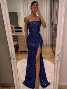 ADYCE Elegant Sparkling Spaghetti Strap Cinched Waist Backless Fitted Sequin High Slit With Train Ball Gown, Suitable For Prom, Wedding Guest, Formal Evening Event - Navy Blue - View 5