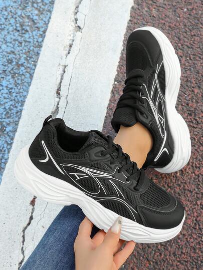 Breathable Mesh Upper Thick Sole Athletic Shoes, Women's Lace-Up Cushioned Casual Sports Sneakers, Suitable For Daily Street Wear