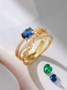 1pc Fashion Creative Chain Design Oval Synthetic Zirconia Inlaid Women's Ring, Suitable For Wedding, Engagement, Birthday Gift, Holiday Gift, Valentine's Day Gift, Daily Wear, Party And Banquet Wear - Blue - View 1