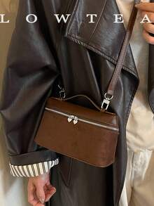 low tea 1pc Box-Shaped Suede Fabric Handbag With Adjustable Shoulder Strap, Suitable For Commuting, Shopping And More - Coffee - View 9