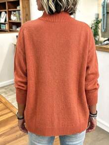 Plus Size Women Solid Color Mid-Length Knit Cardigan Sweater Jacket, Loose Fit, Slimming, Warm, Flattering, Versatile - Orange - View 3