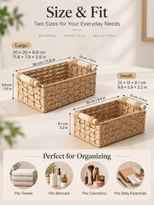 1pc Home Storage Basket, Natural Woven With Handle, Bohemian Country Handmade Design, Large Open Mouth Storage Basket, Suitable For Blankets, Clothes, Toys, Plants Storage, Aesthetic Farmhouse Style Living Room, Bedroom, Dorm Decor Basket - Multicolor - View 2