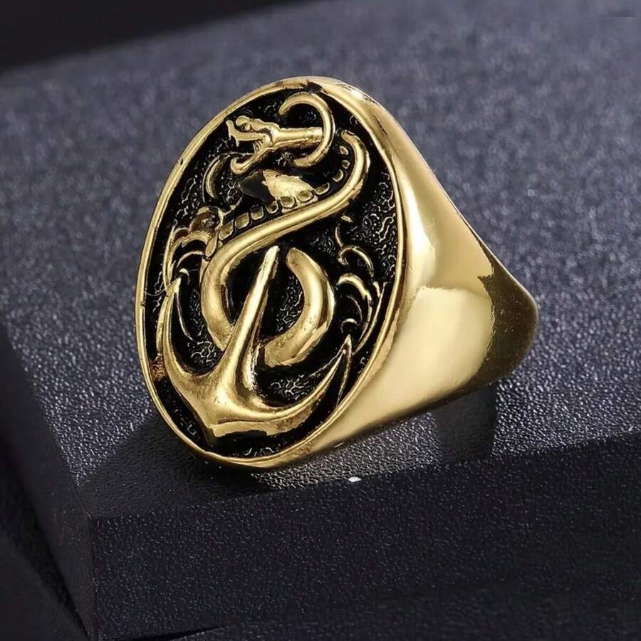 Nhẫn nam vintage màu vàng họa tiết rồng và mỏ neo, nhẫn ngón bản rộng dập nổi vân đen vàng giả cổ, phụ kiện cá tính phong cách hip hop cho nam, quà tặng Halloween - Nhiều màu - Xem 1