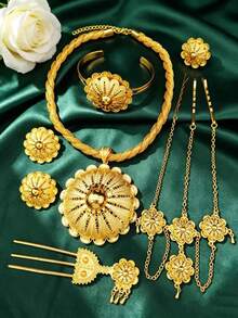 1 Necklace, 1 Bracelet, 1 Pair Earrings, 1 Ring, 1 Hair Fork, 1 Head Chain Fashion Women Gold Plated Rope Flower Double Pendant Jewelry Set 6 Pieces Saudi Arabia Europe America Middle East Dubai Africa Bride Wedding Party Date Dress Accessories Mother's Day Valentine's Day Halloween Christmas Birthday Wedding Season Graduation Season Gift Daily Wear Jewelry - Yellow Gold - View 2