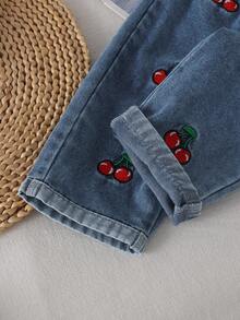 2pcs Baby Girl Casual Cute Collar Knit Top & Embroidered Denim Jeans Set, Thin Spring/Autumn - Red - View 7