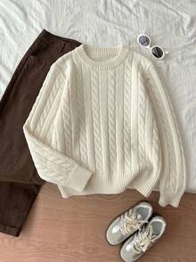 Autumn/Winter Casual Embroidered Crew Neck Cable Knit Sweater For Women, New Loose Cardigan Knitwear White Fall - White - View 8