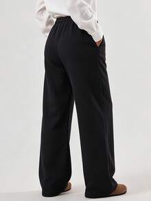 KyrLssu Women Drawstring Elastic Waist Wide Leg Sweatpants, Loose Straight Casual Trousers With Decor Drawstring & Side Pockets, Daily Street Loungewear Pants - Black - View 4