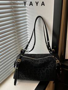 Women's Vintage Leopard Print Tote Bag, Adjustable Shoulder Strap Handbag, Zipper Closure Faux Suede Crossbody Bag, Suitable For Daily Street Wear - Black - View 2