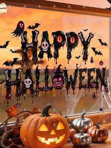 1pc 2D Flat Printed Halloween Happy Halloween Letter Pumpkin Ghost Window Sticker, Creative DIY Self-Adhesive Removable Double-Sided Visible PVC Decorative Sticker, Living Room Bedroom Dining Room Floor-To-Ceiling Window Holiday Atmosphere Store Decoration Door Window Glass Beautification Sticker - one-size - View 1