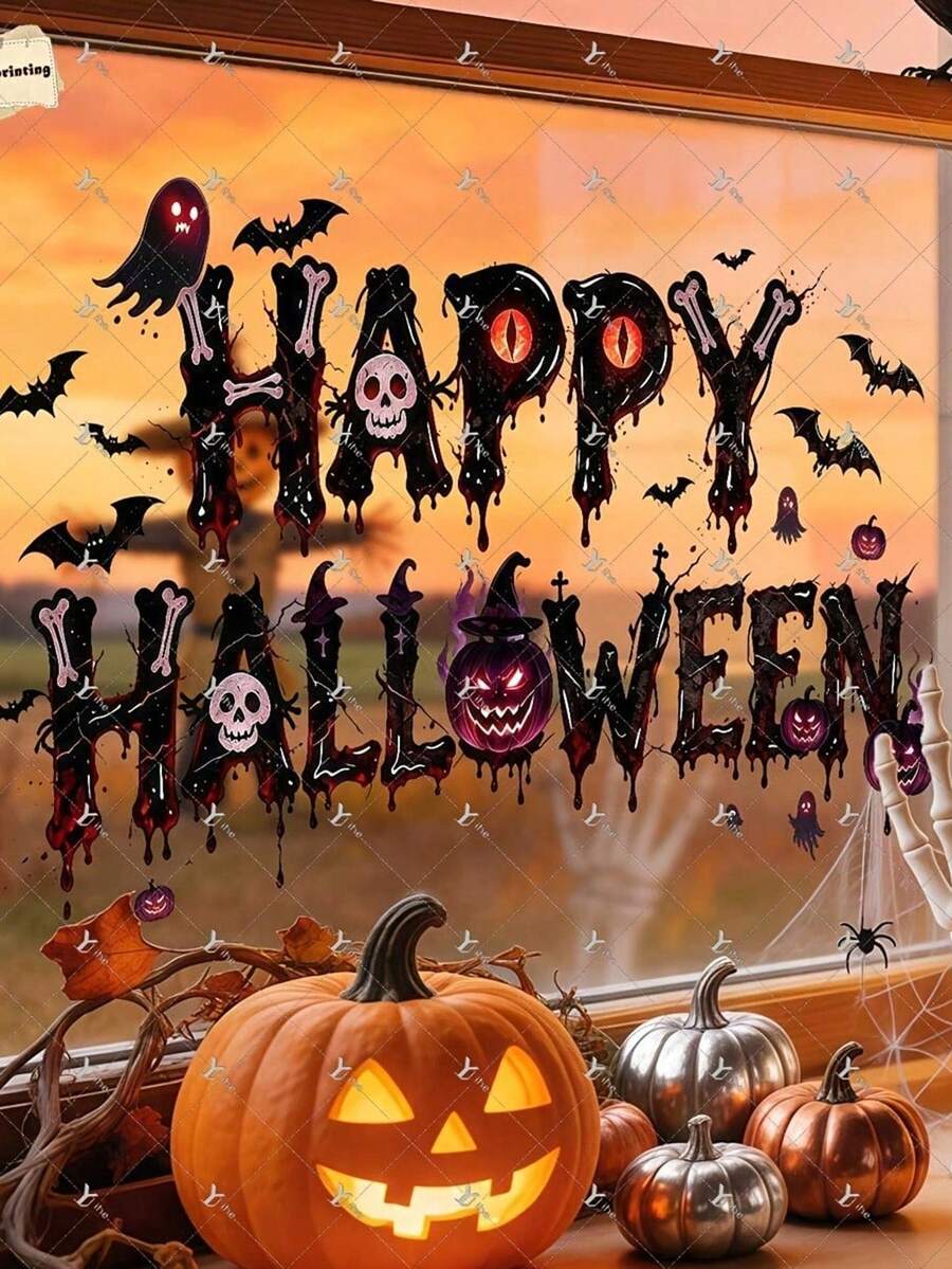 1pc 2D Flat Printed Halloween Happy Halloween Letter Pumpkin Ghost Window Sticker, Creative DIY Self-Adhesive Removable Double-Sided Visible PVC Decorative Sticker, Living Room Bedroom Dining Room Floor-To-Ceiling Window Holiday Atmosphere Store Decoration Door Window Glass Beautification Sticker - one-size - View 1