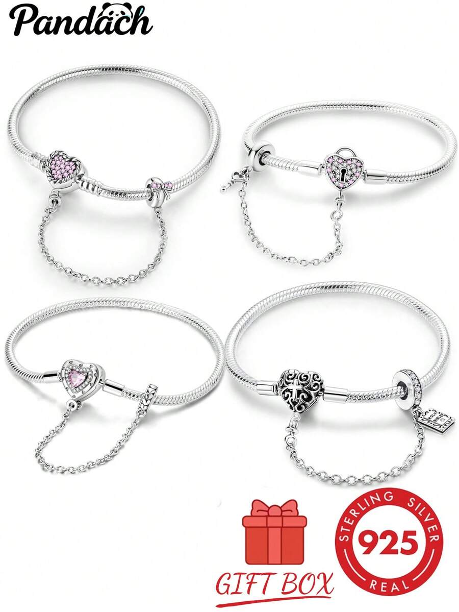1pc S925 Sterling Silver Snake Bone Base Bracelet, Multiple Pink Diamond Heart Clasp With Safety Chain, Hollow Carved Design, Heart-Shaped Main Stone, DIY Beaded Bracelet Base, Comes With Gift Box, Gentle Girl Style, Versatile Handmade Jewelry Base - Multicolor - View 1