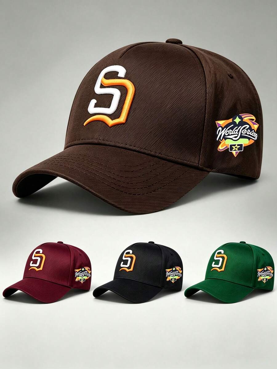 1pc Gothic Men Hats Letter S Embroidered Side World Series Printing Hat For Men Adjustable Baseball Cap Perfect For Parties Travel And Sun Protection