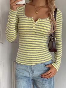SCARLUX Women's Autumn Y2K Basic Yellow & Grey Striped Long Sleeve Top, U-Neck Button Fitted Cropped T-Shirt, Suitable For Back To School Daily Streetwear - Yellow - View 5