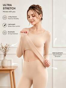 Women's Seamless Base Layer Top, Ultra-Thin Thermal Heat-Generating Innerwear, Long Sleeve Crew Neck, High Elasticity, Autumn/Winter Style - Apricot - View 9