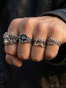 4pcs Vintage Gothic Multi-Style Men's Ring Set, Halloween Dark Punk Skull Mask Metal Finger Rings, Autumn/Winter Street Party Stackable Jewelry Gift Accessory - White K - View 1