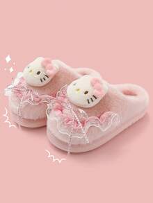 Hello Kitty Cartoon Cute Thick Sole Slippers Fluffy Bowknot Thermal Lined Comfortable Winter Slippers - Pink - View 9
